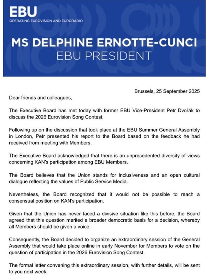In its letter to the members, the EBU speaks of an "unprecedented situation".