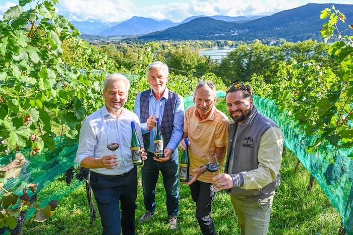 Die Stadtwinzer Horst Wild, Gerhard Smuck und Wilfried Westritschnig mit Alex Schwab von der ...