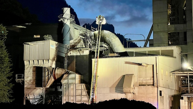 Mittels Drehleiter überprüften die Feuerwehrleute das Silo.