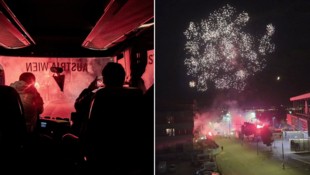Mit Pyro-Show und Feuerwerk wurden die „Veilchen“ in Wien-Favortien empfangen.