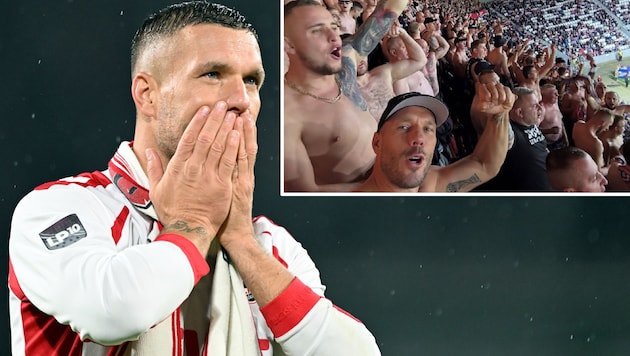 Lukas Podolski feuerte seine Mannschaft im Fanblock an.
