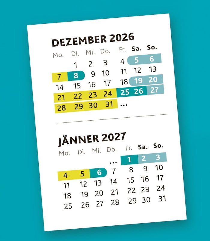 Legende: In Dunkel markiert die gesetzlichen Feiertage, in Gelb die Urlaubstage, die man sich ...