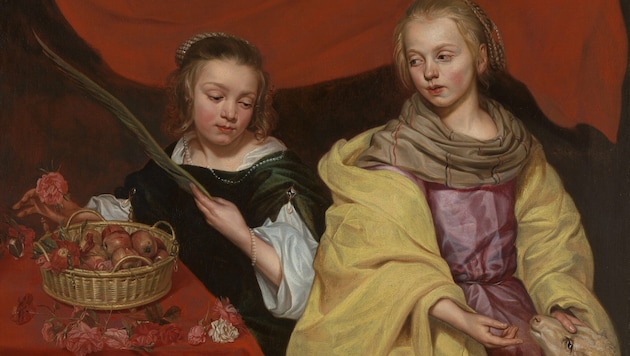 Michaelina Wautier: „Zwei Mädchen als hl. Agnes und hl. Dorothea“, gemalt um 1655 (Ausschnitt)