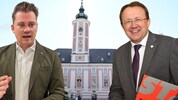Florian Krumböck (ÖVP) fordert SPÖ-Stadtchef Matthias Stadler (rechts) 2026 bei der ...