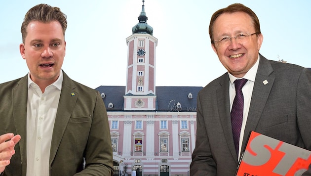 Florian Krumböck (ÖVP) fordert SPÖ-Stadtchef Matthias Stadler (rechts) 2026 bei der ...