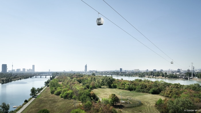 Ein Rendering der geplanten Seilbahn über der Donauinsel im Norden.