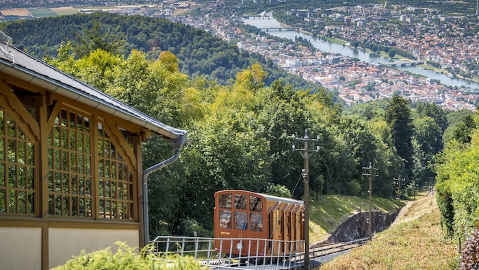 Fahrt mit der historischen Königsstuhlbahn und Blick auf die Stadt Heidelberg mit dem Neckar.