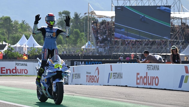 Fermin Aldeguer celebrates his first MotoGP victory.