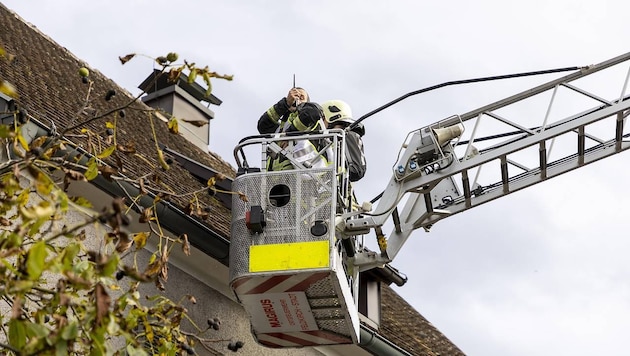 Die Einsatzkräfte der Feuerwehr bei der Brandbekämpfung.