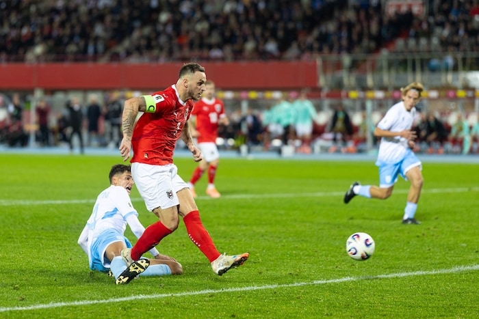 Mit diesem Treffer zum 10:0 überholte Marko Arnautovic Toni Polster als Rekordtorschütze und ...