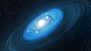 Künstlerische Illustration des nun entdeckten Siebenfach-Sternsystems