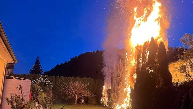 Das Feuer erhellte den Abendhimmel.
