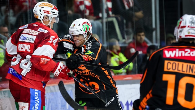 Stockfouls wie jenes vom Grazer Kevin Roy (gegen KAC-Verteidiger Maxi Preiml, li.) werden in der ...