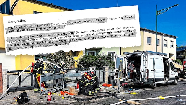 Arbeitsanweisung oben, Mödlinger Feuerwehr beim Rettungseinsatz an der Baustelle im August