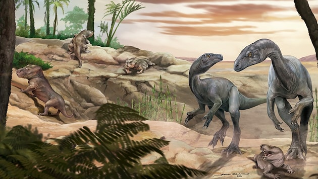 Eine künstlerische Rekonstruktion des Aussehens des Dinosauriers Huayracursor jaguensis (rechts)