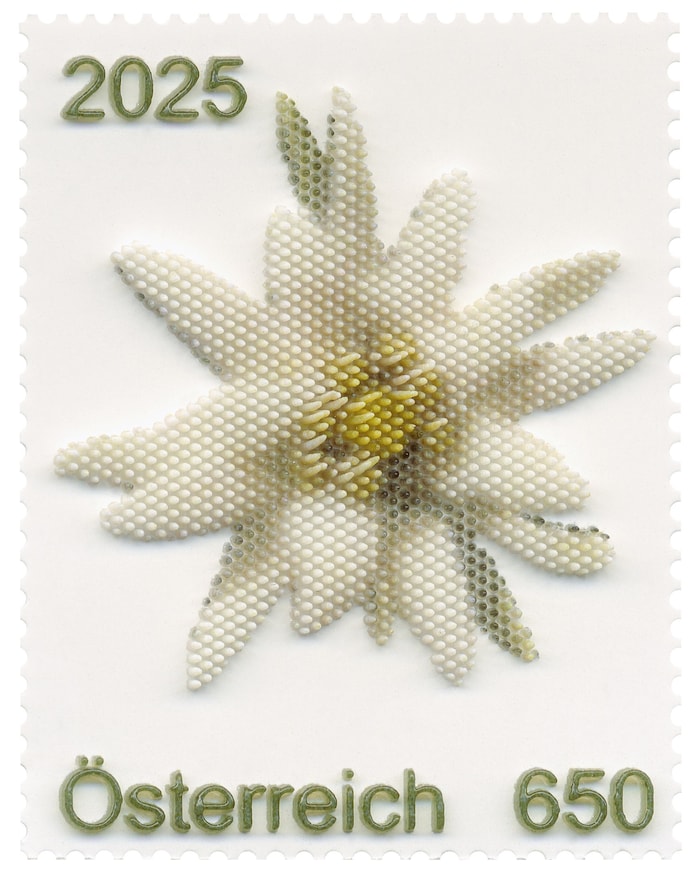 Die 3D-gedruckte Briefmarke „Edelweiß reloaded“ besteht aus kleinen, feinen Härchchen aus ...