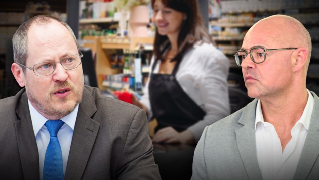 Rainer Trefelik, Chefverhandler der Wirtschaftskammer, steigt mit GPA-Gewerkschafter Mario ...