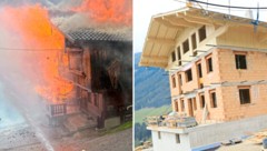 Der Egghof damals beim Flammeninferno (links) und heute (rechts)