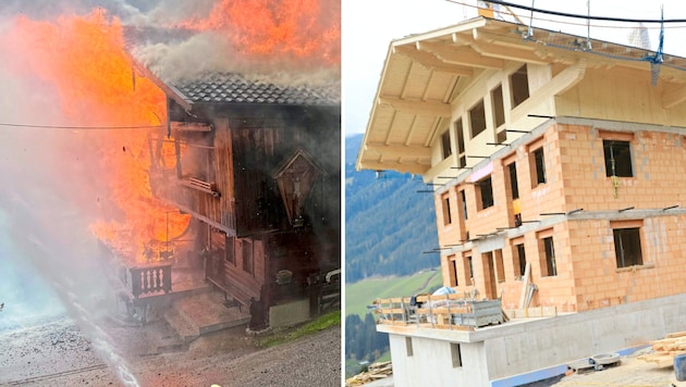 The Egghof at the time of the fire inferno (left) and today (right)