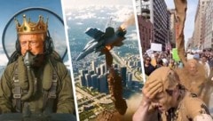 US-Präsident Donald Trump steuert mit Königskrone einen Kampfjet und wirft über die „No ...