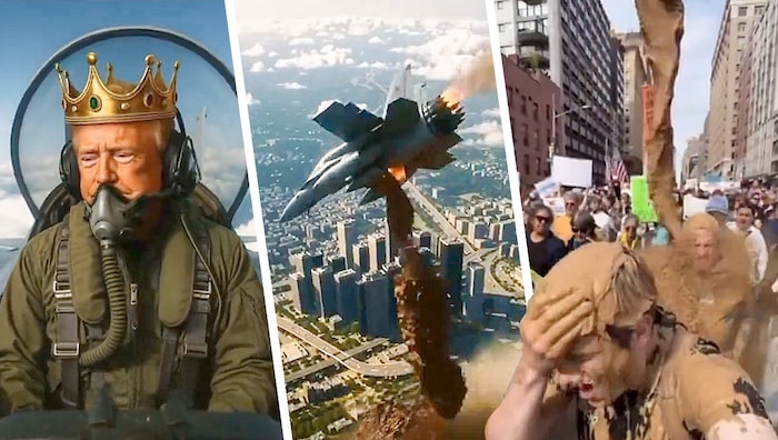 US-Präsident Donald Trump steuert mit Königskrone einen Kampfjet und wirft über die „No ...