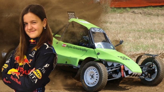Sophie gibt erfolgreich in einem giftgrünen Buggy Vollgas.