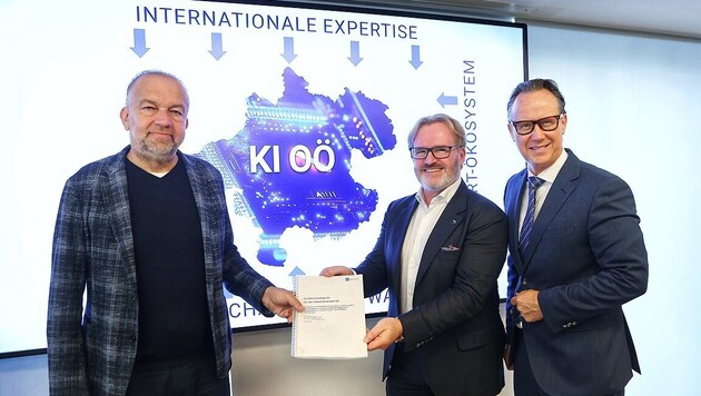 Ex-JKU-Rektor Meinhard Lukas, IV-OÖ-Präsident Thomas Bründl und Geschäftsführer Joachim ...