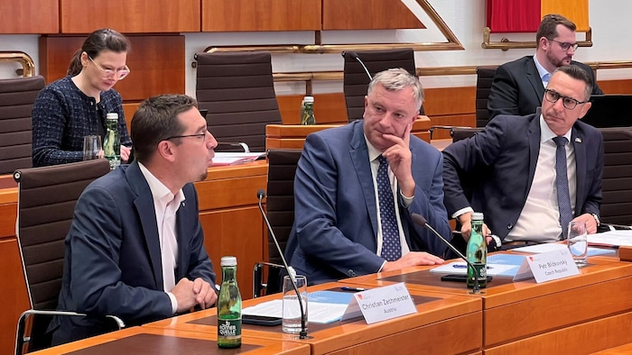 Zechmeister als Redner (li.) bei der Sitzung der Wine-Intergroup im Landhaus, mit Blížkovský und ...