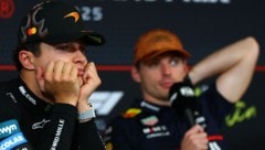 Lando Norris (li.) macht sich über Max Verstappens Team lustig.