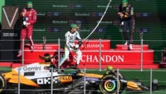 Lando Norris (Mitte) siegte vor Charles Leclerc (li.) und Max Verstappen.