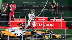 Lando Norris (Mitte) siegte vor Charles Leclerc (li.) und Max Verstappen.