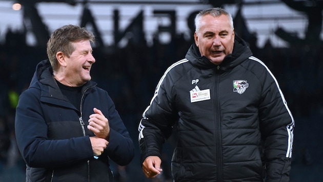 Lachende Gesichter bei Riegler & Pacult nach dem 3:1-Sieg bei Sturm! So darf’s weitergehen.