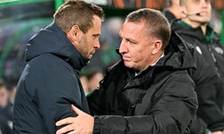 Brendan Rodgers (r.) mit Sturm-Trainer Jürgen Säumel