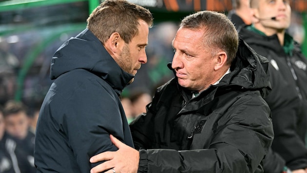 Brendan Rodgers (r.) mit Sturm-Trainer Jürgen Säumel