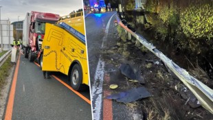 Der demolierte Lkw musste abgeschleppt werden. Die Verkehrsleiteinrichtungen wurden massiv ...