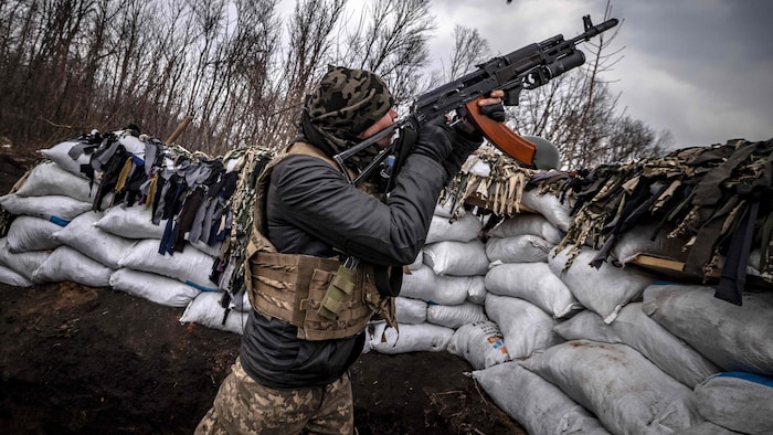 Ein ukrainischer Soldat versucht in der Gegend rund um Kharkiv, eine Drohne abzuwehren.