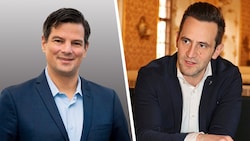 FPÖ-Landesrat Hannes Amesbauer und ÖVP-Klubobmann Lukas Schnitzer stehen hinter den ...