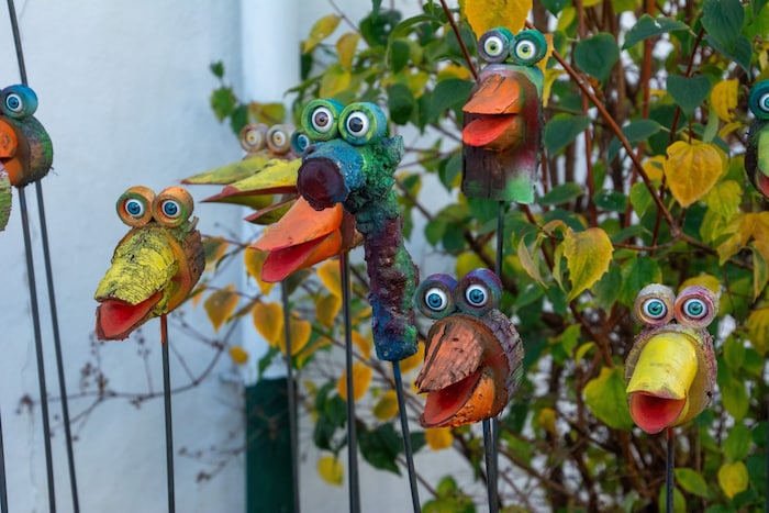 Störche und ein anderer lustiger Bursche beobachten die Gäste.