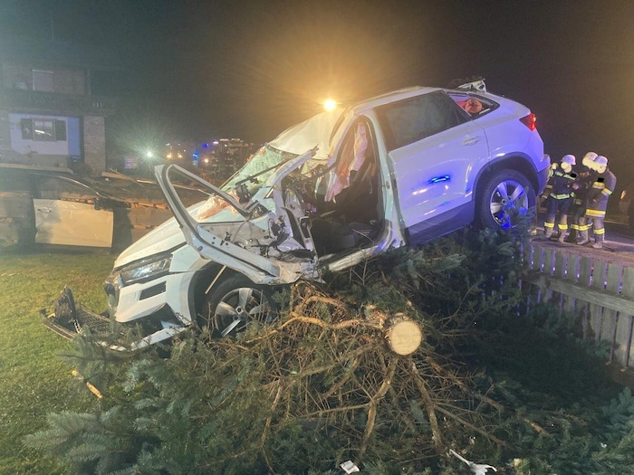 Das Auto überschlug sich mehrmals und wurde über einen Holzstapel katapultiert, bevor das ...