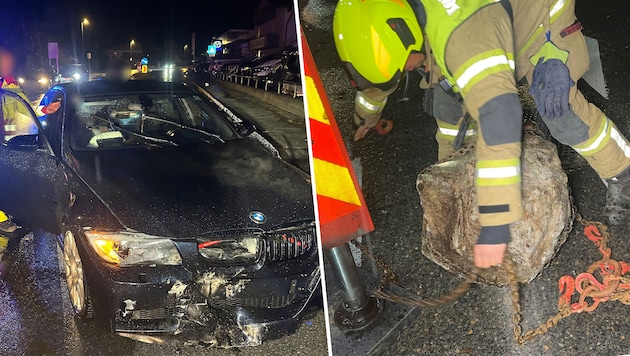 40 Meter wurde der Felsbrocken mitgeschleift. Am Auto entstand massiver Schaden.