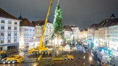 Kommt ein Christbaum geflogen: Mit Kränen wurde die 28 Meter hohe Fichte Montagfrüh am Grazer ...