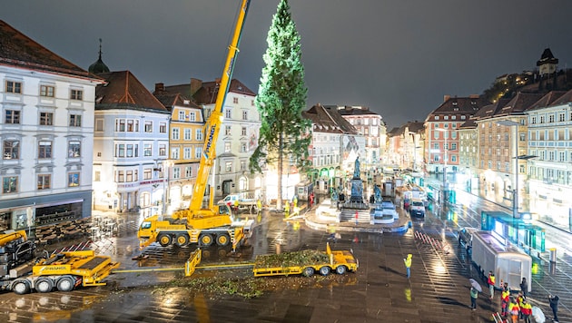 Kommt ein Christbaum geflogen: Mit Kränen wurde die 28 Meter hohe Fichte Montagfrüh am Grazer ...