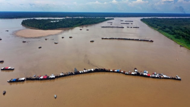Baggerschiffe von illegalen Goldsuchern treffen sich auf dem Madeira-Fluss, um dort Gold zu ...