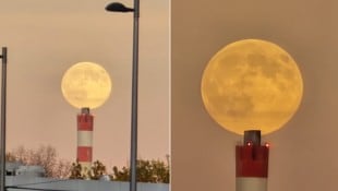 Der Supermond um 16.20 Uhr über den Dächern von Wien-Simmering.