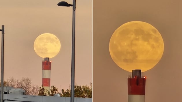Der Supermond um 16.20 Uhr über den Dächern von Wien-Simmering.