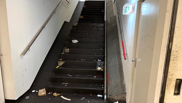 Mehr als eine Woche lang sah der Stiegenabgang so aus. Nur einen Tag nach der Reinigung lag ...
