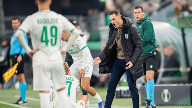 Gäste-Trainer Mirel Rădoi sah für dieses Wortgefecht mit Rapids Tobias Gulliksen bereits nach 20 ...