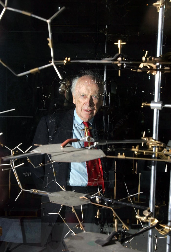 Dr. James Watson posiert mit dem Originalmodell der DNA.