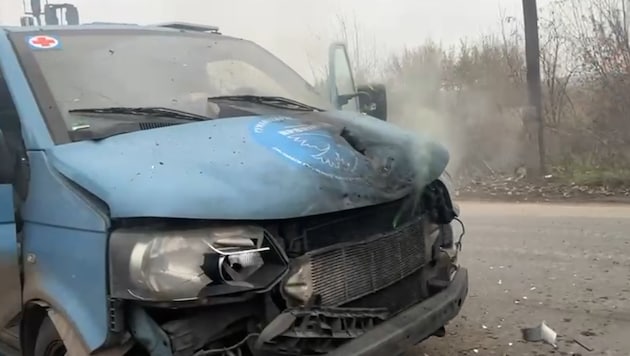 The badly damaged vehicle in which the ORF editor was traveling
