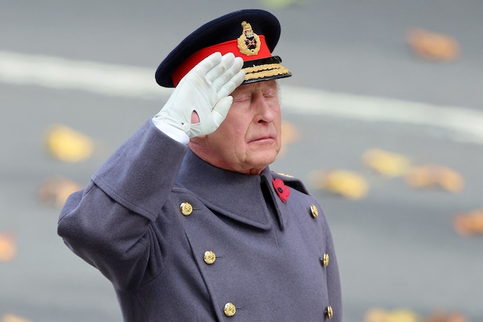 König Charles salutiert am Cenotaph.